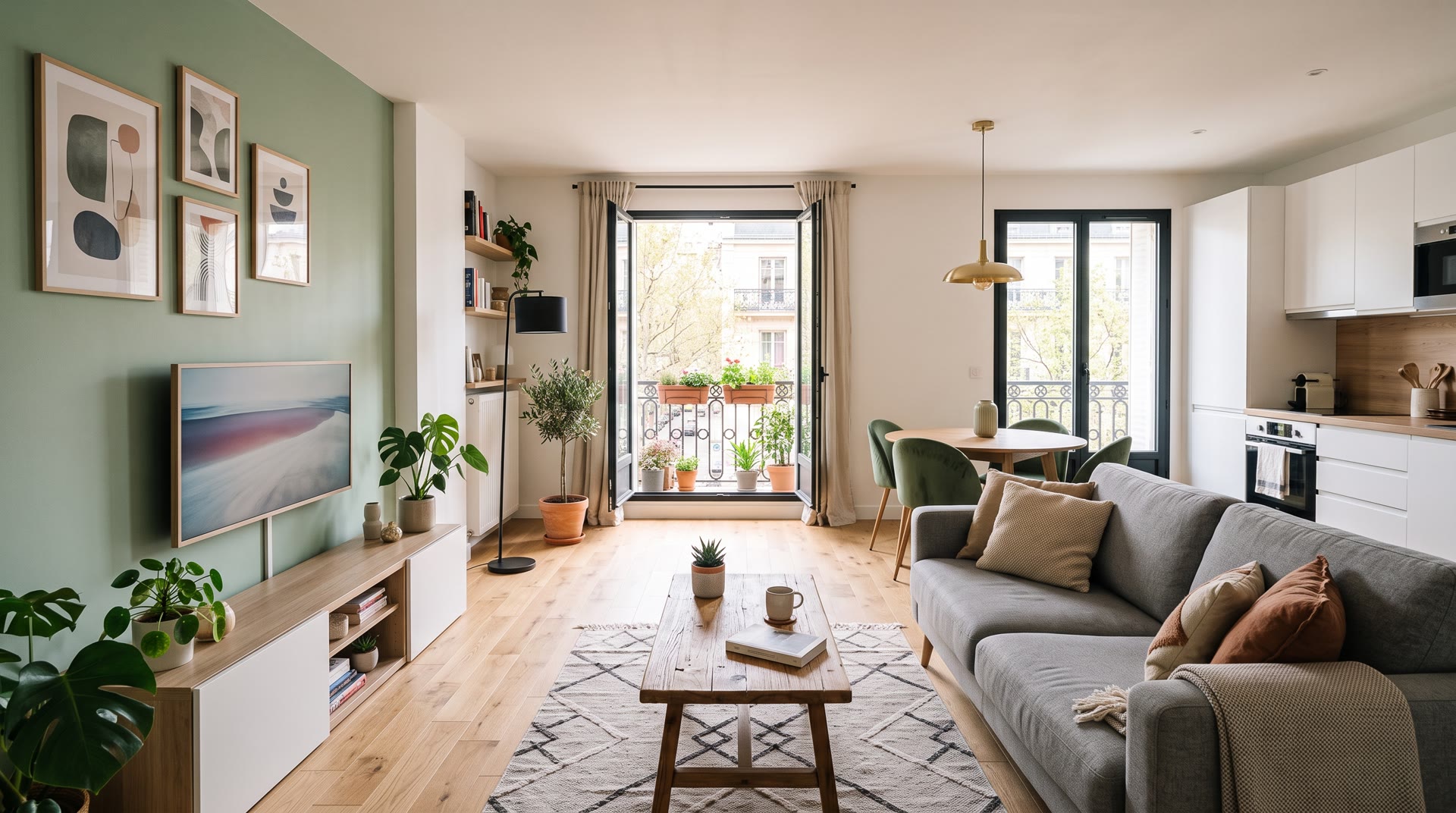 Soggiorno di un bilocale ristrutturato con cucina a vista